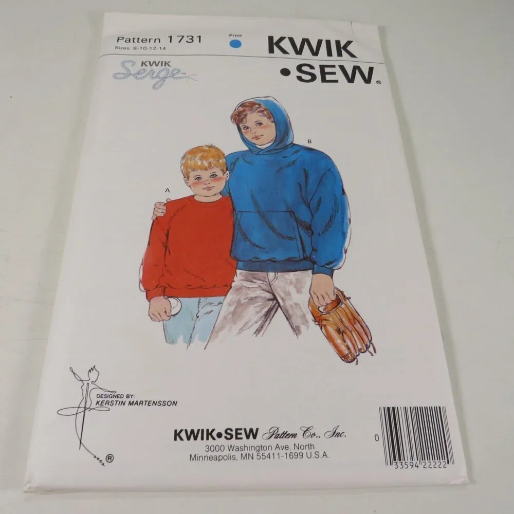 Kwik Sew 1731 clothing pattern Kids Sweatshirt Jacket w sleeves w Hood UNCUT